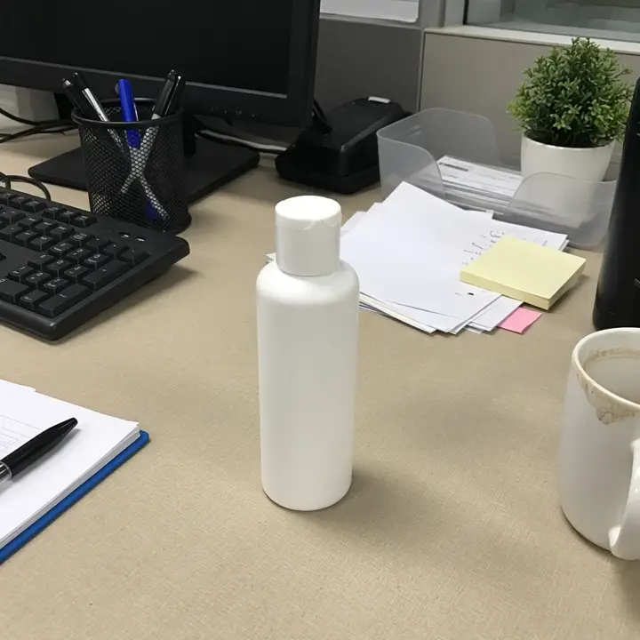 Plain phone photo of an unbranded bottle on a desk